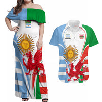 Wales Argentina Rugby Couples Matching Off Shoulder Maxi Dress and Hawaiian Shirt The Welsh Dragon and Sol De Mayo World Cup 2023 LT9 - Wonder Print Shop