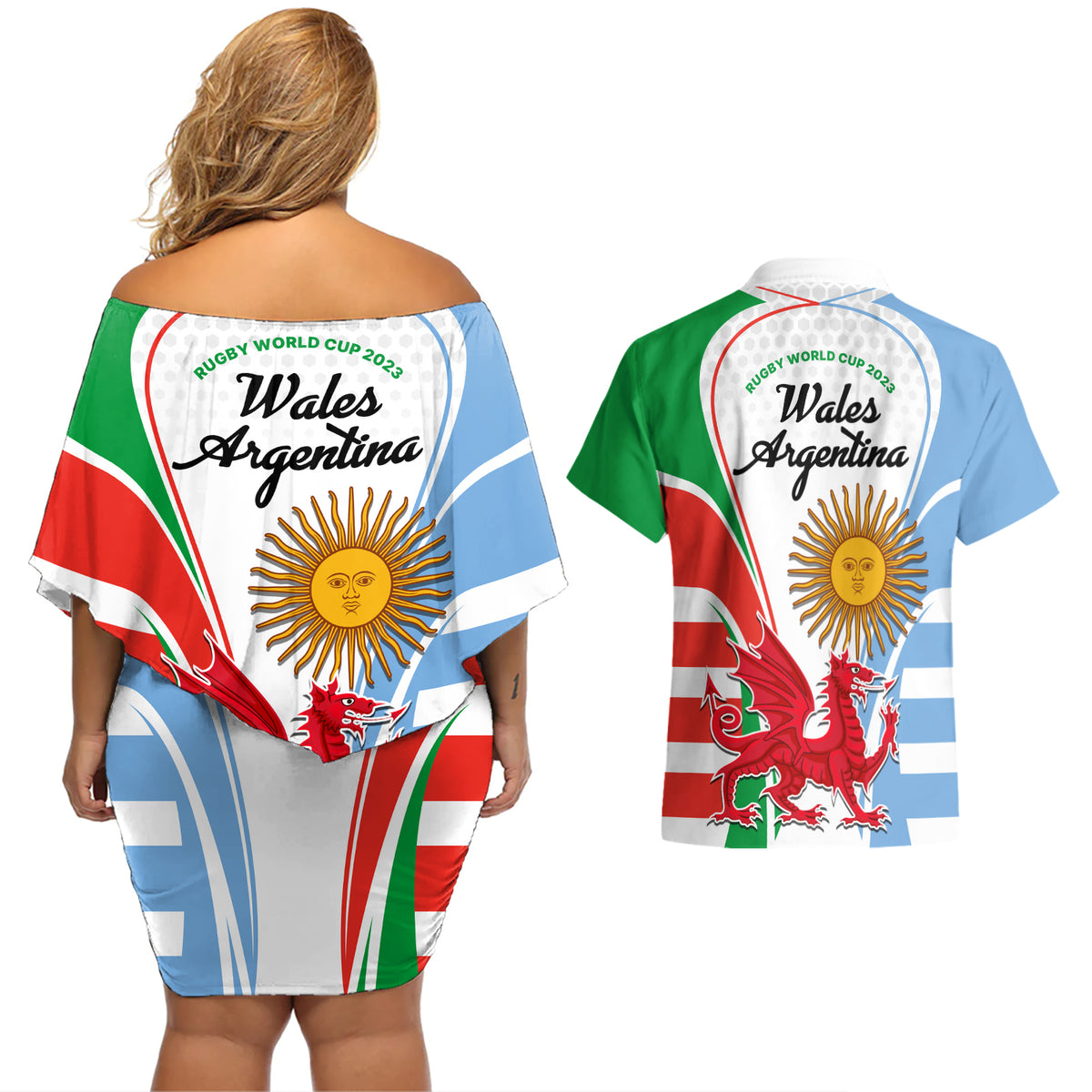 Wales Argentina Rugby Couples Matching Off Shoulder Short Dress and Hawaiian Shirt The Welsh Dragon and Sol De Mayo World Cup 2023 LT9 - Wonder Print Shop