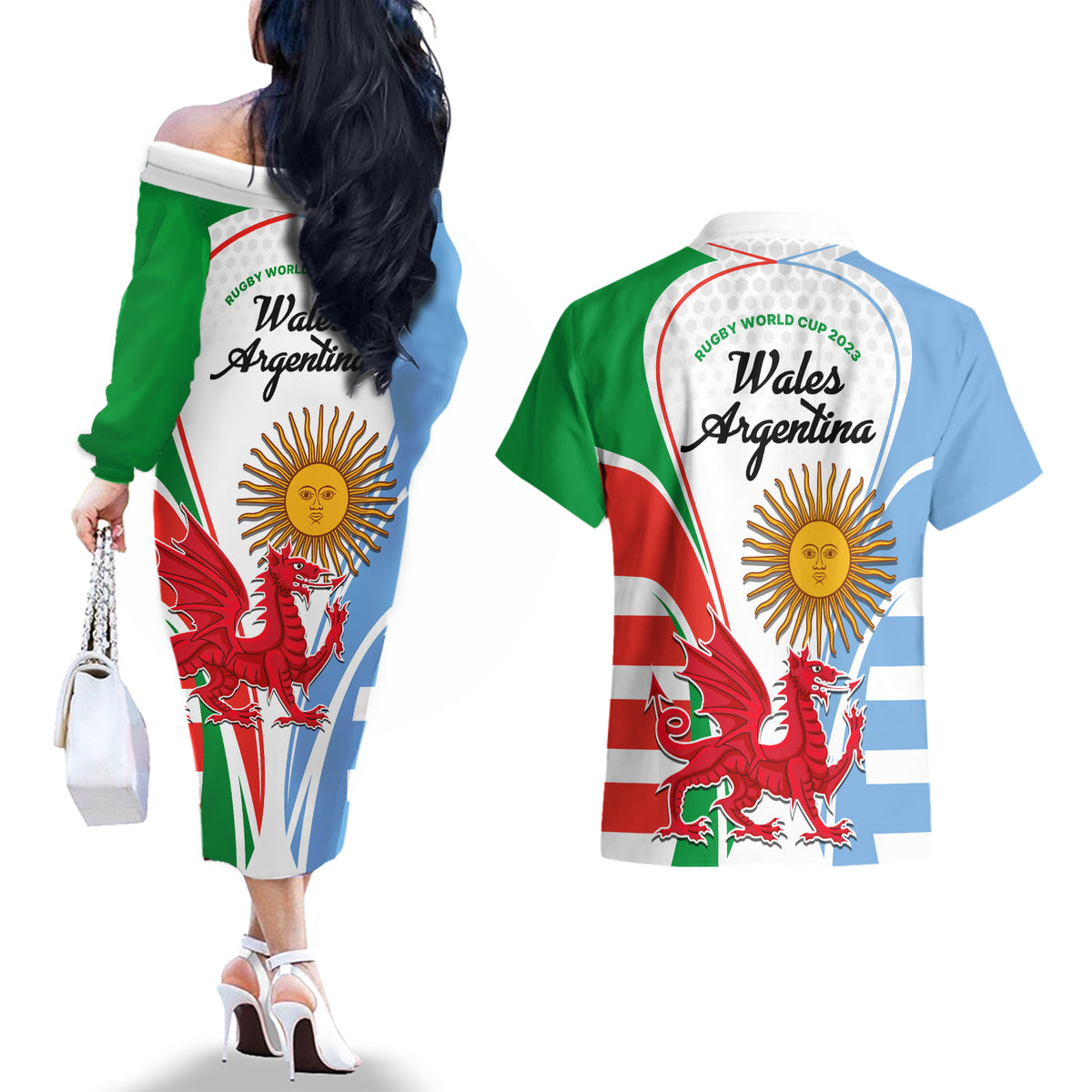 Wales Argentina Rugby Couples Matching Off The Shoulder Long Sleeve Dress and Hawaiian Shirt The Welsh Dragon and Sol De Mayo World Cup 2023 LT9 - Wonder Print Shop