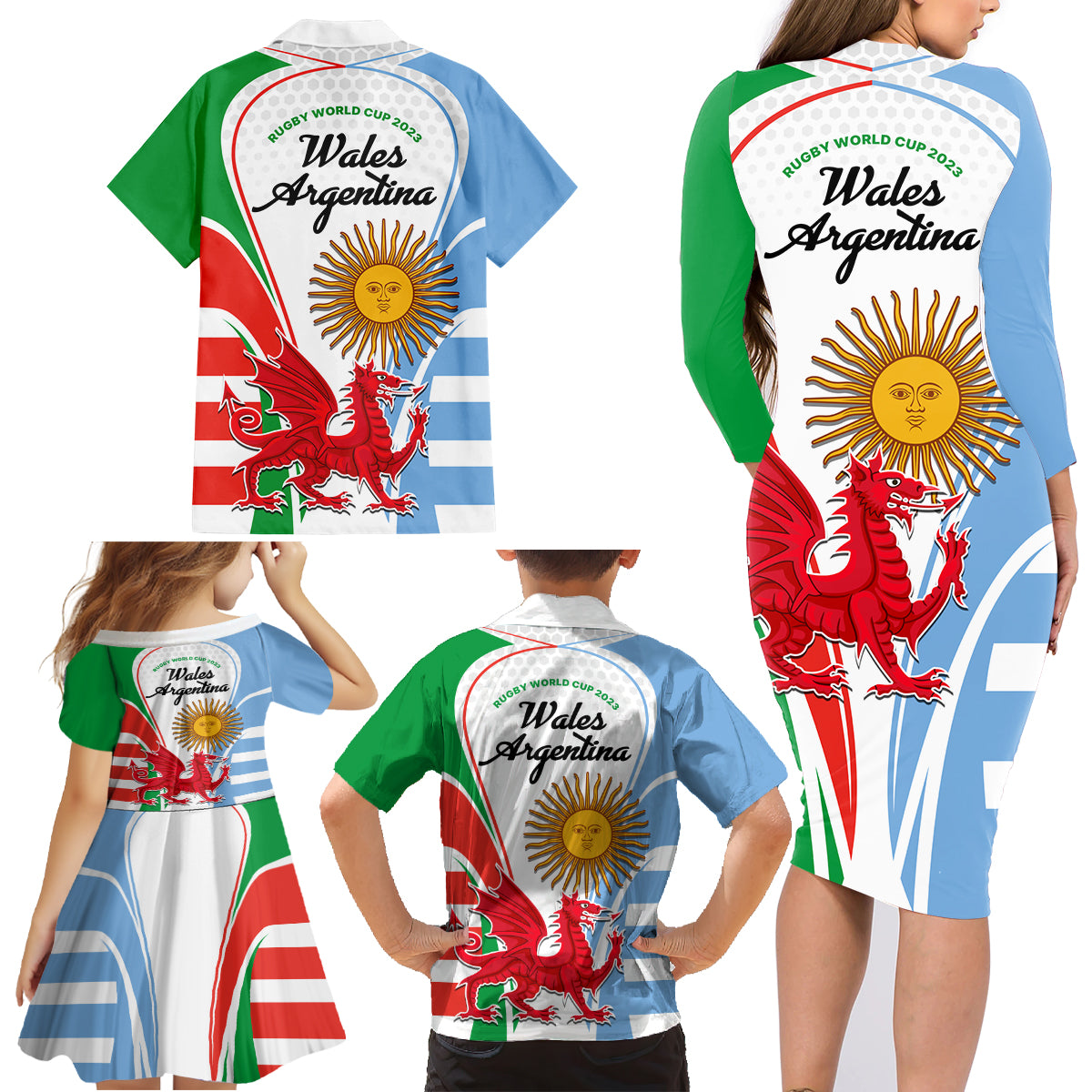 Wales Argentina Rugby Family Matching Long Sleeve Bodycon Dress and Hawaiian Shirt The Welsh Dragon and Sol De Mayo World Cup 2023 LT9 - Wonder Print Shop