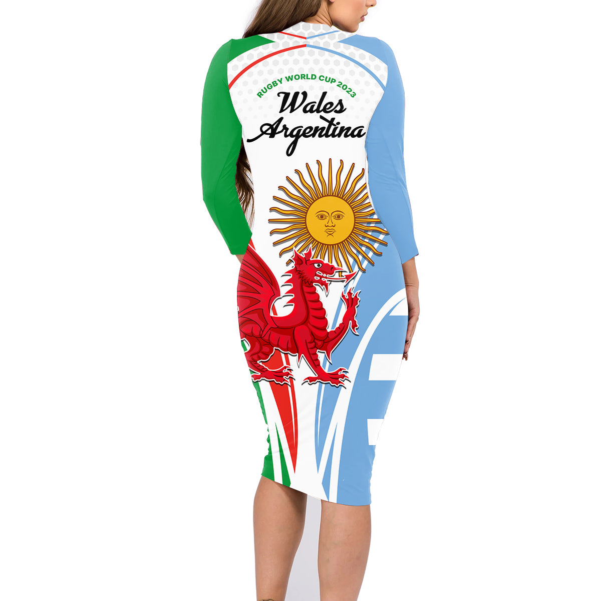Wales Argentina Rugby Family Matching Long Sleeve Bodycon Dress and Hawaiian Shirt The Welsh Dragon and Sol De Mayo World Cup 2023 LT9 - Wonder Print Shop