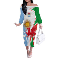 Wales Argentina Rugby Family Matching Off Shoulder Long Sleeve Dress and Hawaiian Shirt The Welsh Dragon and Sol De Mayo World Cup 2023 - Wonder Print Shop