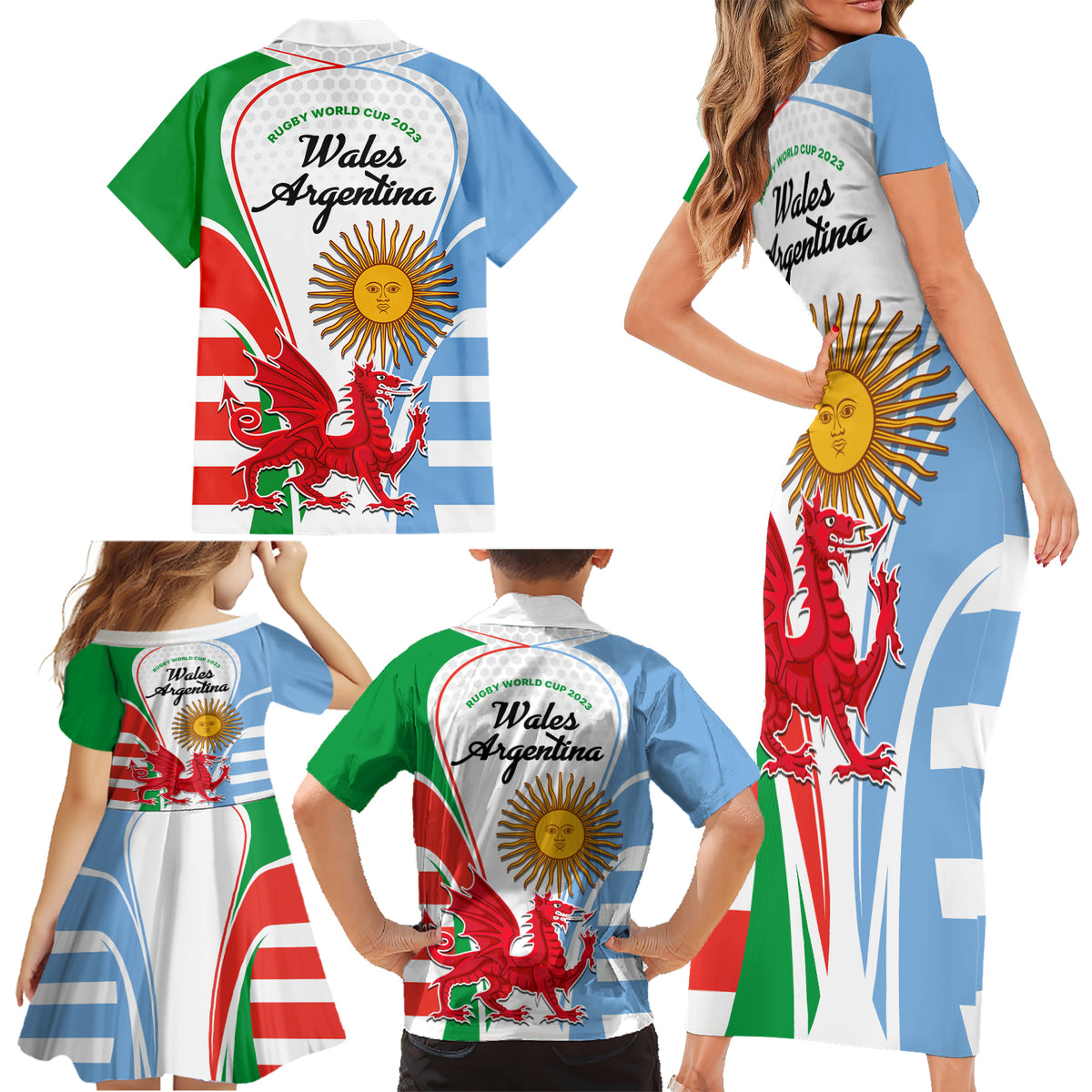 Wales Argentina Rugby Family Matching Short Sleeve Bodycon Dress and Hawaiian Shirt The Welsh Dragon and Sol De Mayo World Cup 2023 - Wonder Print Shop