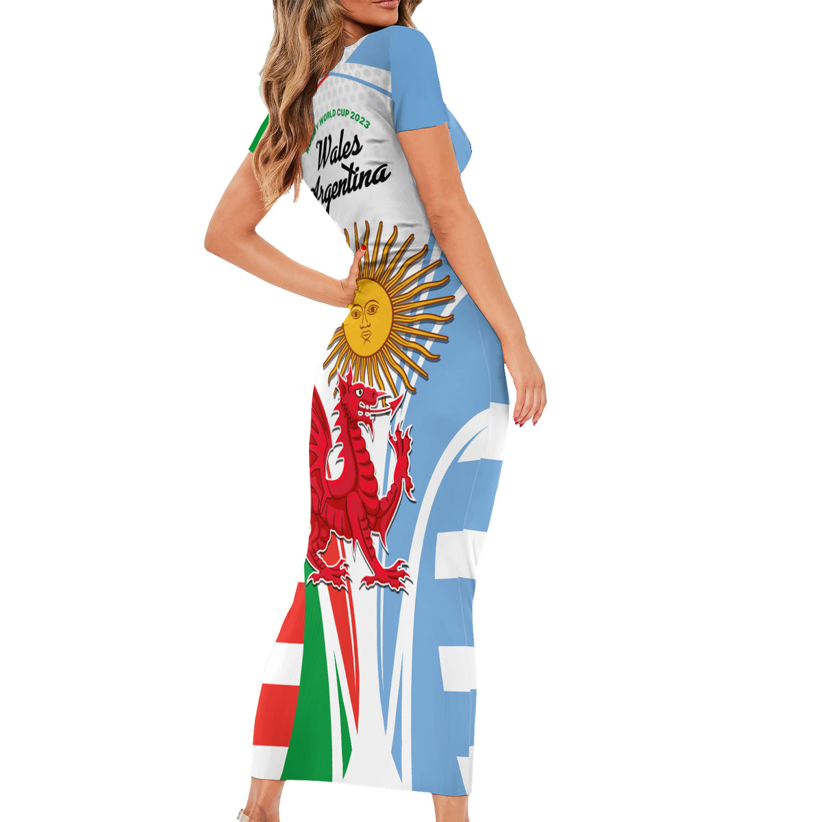 Wales Argentina Rugby Family Matching Short Sleeve Bodycon Dress and Hawaiian Shirt The Welsh Dragon and Sol De Mayo World Cup 2023 - Wonder Print Shop