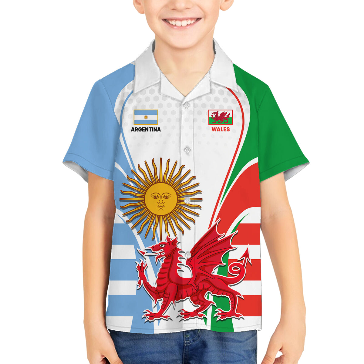 Wales Argentina Rugby Family Matching Summer Maxi Dress and Hawaiian Shirt The Welsh Dragon and Sol De Mayo World Cup 2023 - Wonder Print Shop