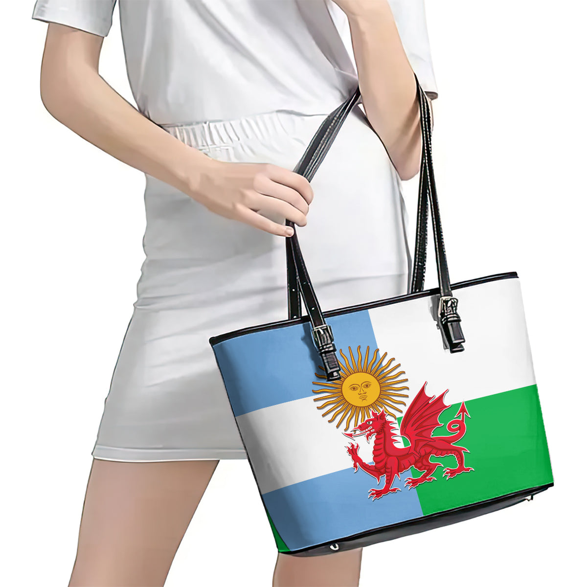 Wales Argentina Rugby Leather Tote Bag The Welsh Dragon and Sol De Mayo World Cup 2023 - Wonder Print Shop