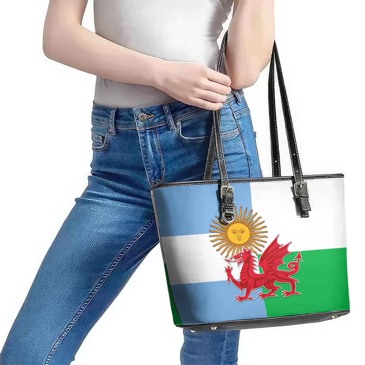 Wales Argentina Rugby Leather Tote Bag The Welsh Dragon and Sol De Mayo World Cup 2023 - Wonder Print Shop
