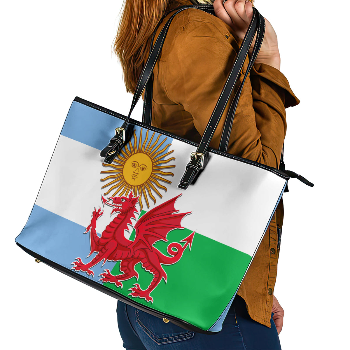 Wales Argentina Rugby Leather Tote Bag The Welsh Dragon and Sol De Mayo World Cup 2023 - Wonder Print Shop