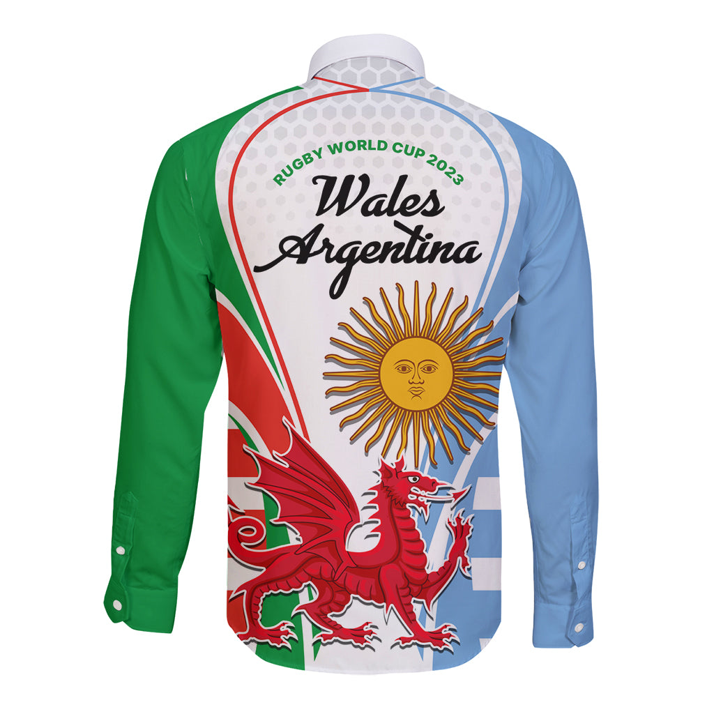 Wales Argentina Rugby Long Sleeve Button Shirt The Welsh Dragon and Sol De Mayo World Cup 2023 - Wonder Print Shop