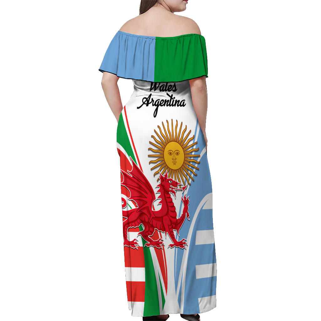 Wales Argentina Rugby Off Shoulder Maxi Dress The Welsh Dragon and Sol De Mayo World Cup 2023 - Wonder Print Shop