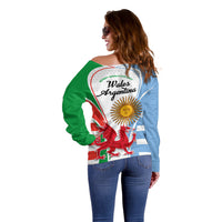 Wales Argentina Rugby Off Shoulder Sweater The Welsh Dragon and Sol De Mayo World Cup 2023 - Wonder Print Shop