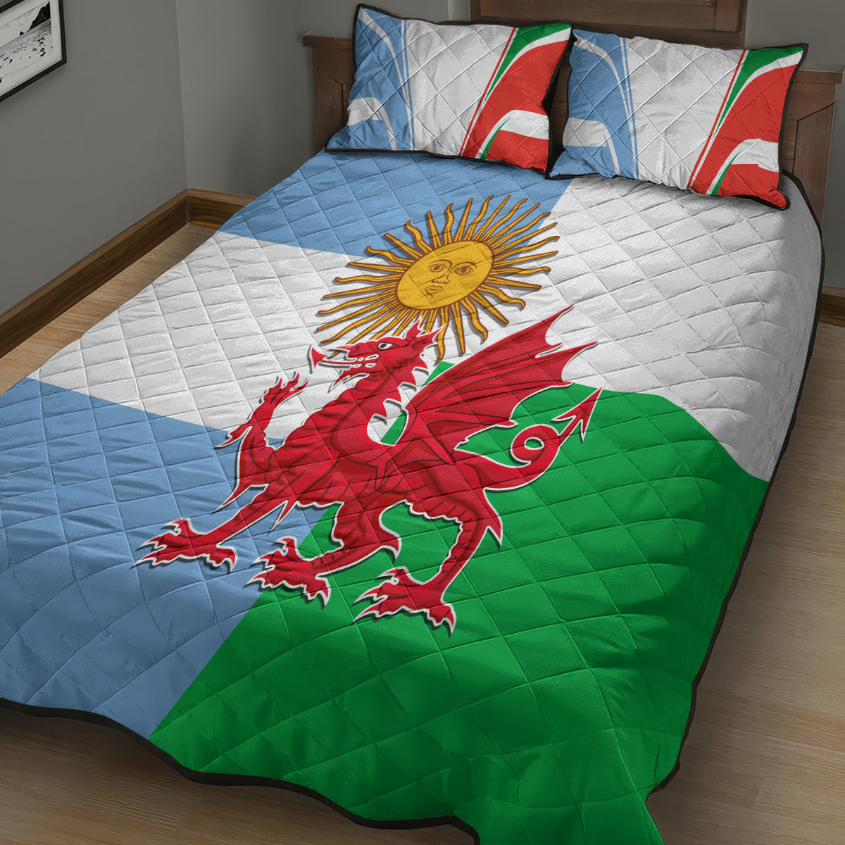 Wales Argentina Rugby Quilt Bed Set The Welsh Dragon and Sol De Mayo World Cup 2023 - Wonder Print Shop