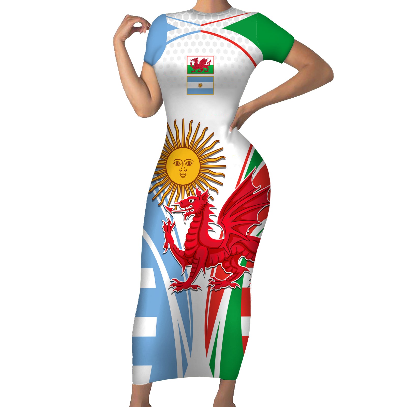 Wales Argentina Rugby Short Sleeve Bodycon Dress The Welsh Dragon and Sol De Mayo World Cup 2023 - Wonder Print Shop