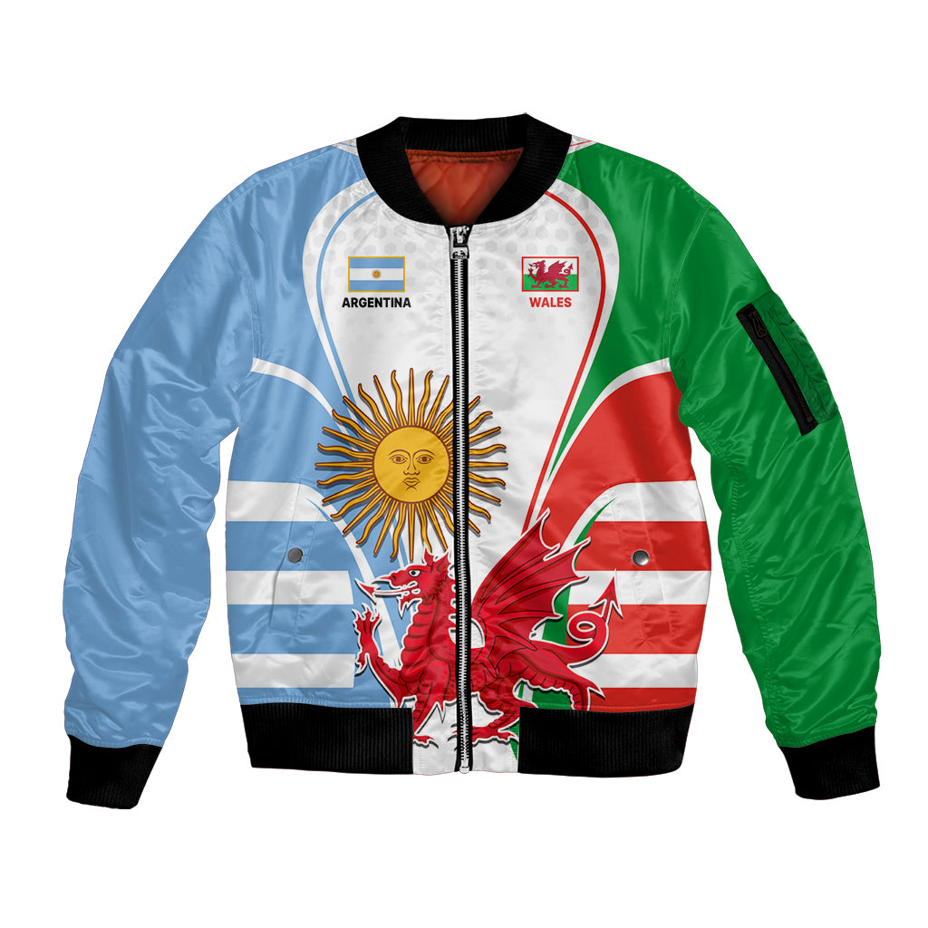 Wales Argentina Rugby Sleeve Zip Bomber Jacket The Welsh Dragon and Sol De Mayo World Cup 2023 - Wonder Print Shop