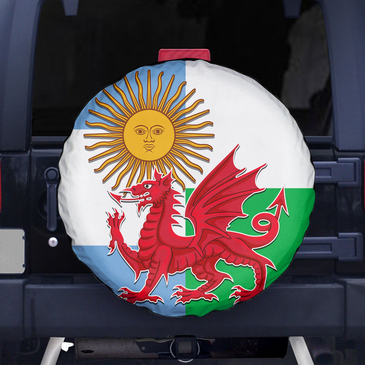 Wales Argentina Rugby Spare Tire Cover The Welsh Dragon and Sol De Mayo World Cup 2023 - Wonder Print Shop