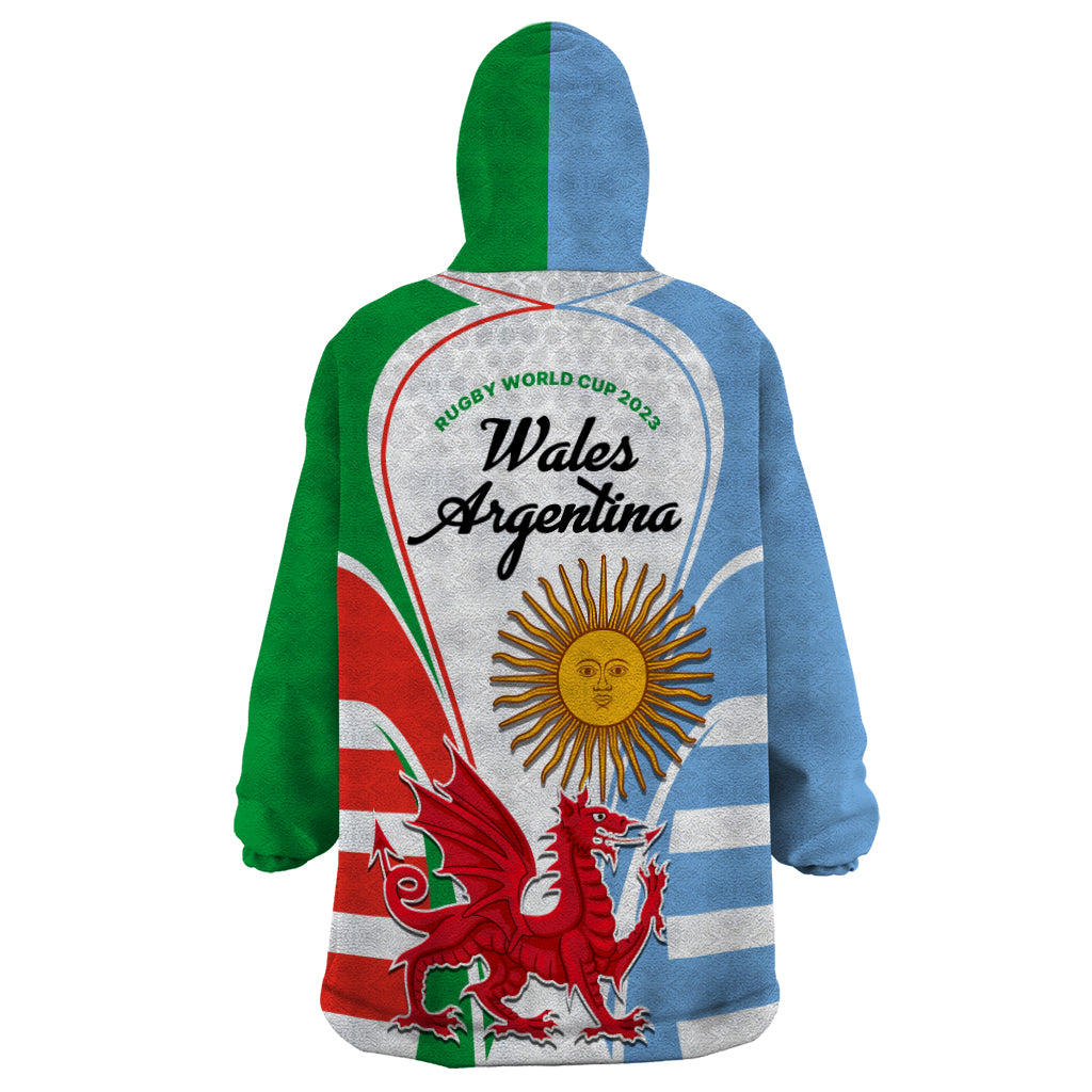 Wales Argentina Rugby Wearable Blanket Hoodie The Welsh Dragon and Sol De Mayo World Cup 2023 - Wonder Print Shop