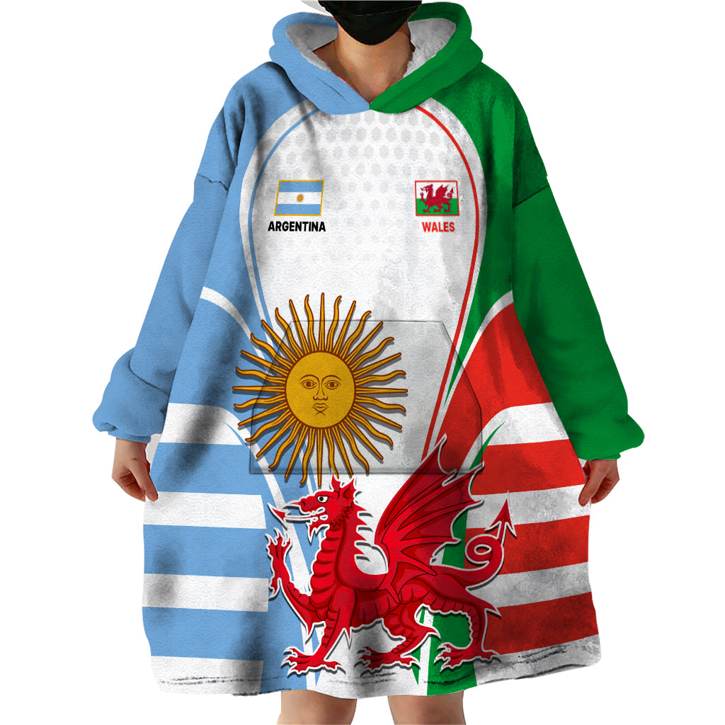 Wales Argentina Rugby Wearable Blanket Hoodie The Welsh Dragon and Sol De Mayo World Cup 2023 - Wonder Print Shop