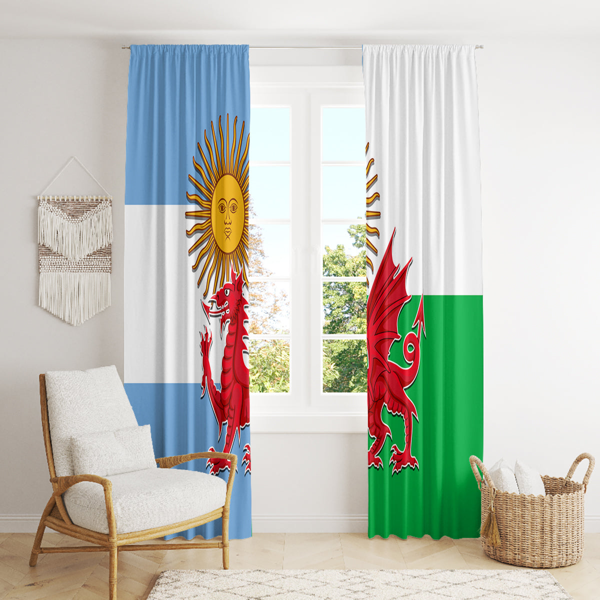 Wales Argentina Rugby Window Curtain The Welsh Dragon and Sol De Mayo World Cup 2023 - Wonder Print Shop