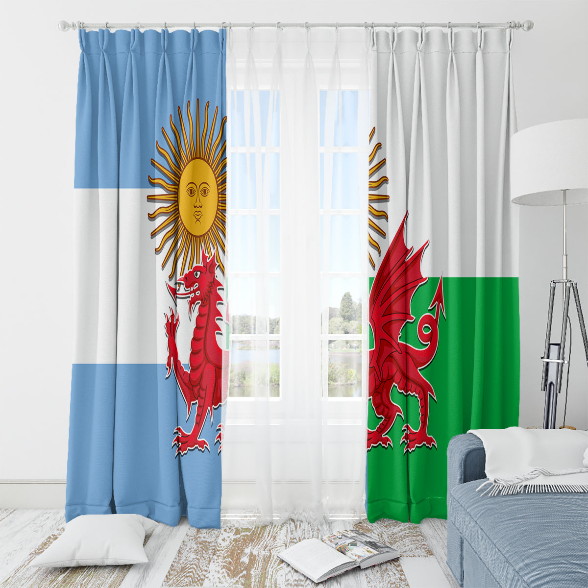 Wales Argentina Rugby Window Curtain The Welsh Dragon and Sol De Mayo World Cup 2023 - Wonder Print Shop