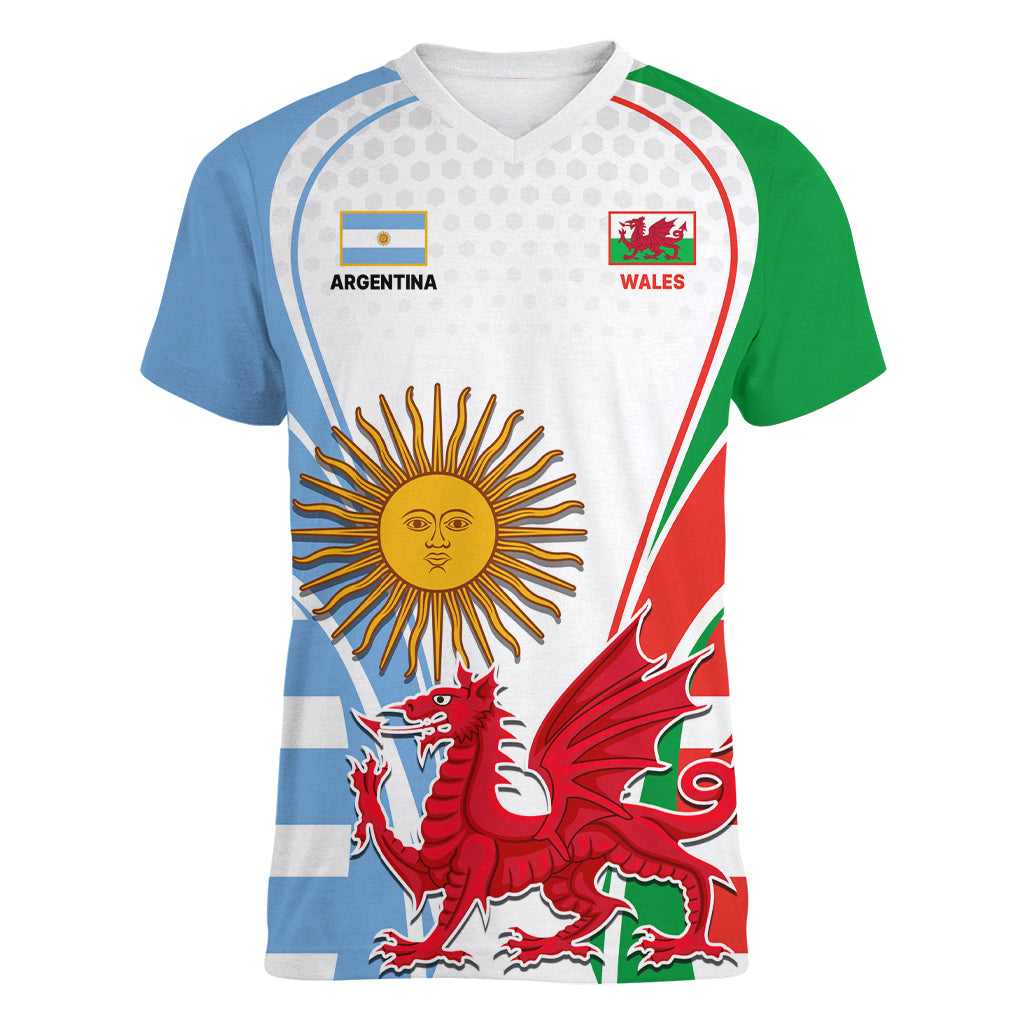 Wales Argentina Rugby Women V Neck T Shirt The Welsh Dragon and Sol De Mayo World Cup 2023 - Wonder Print Shop