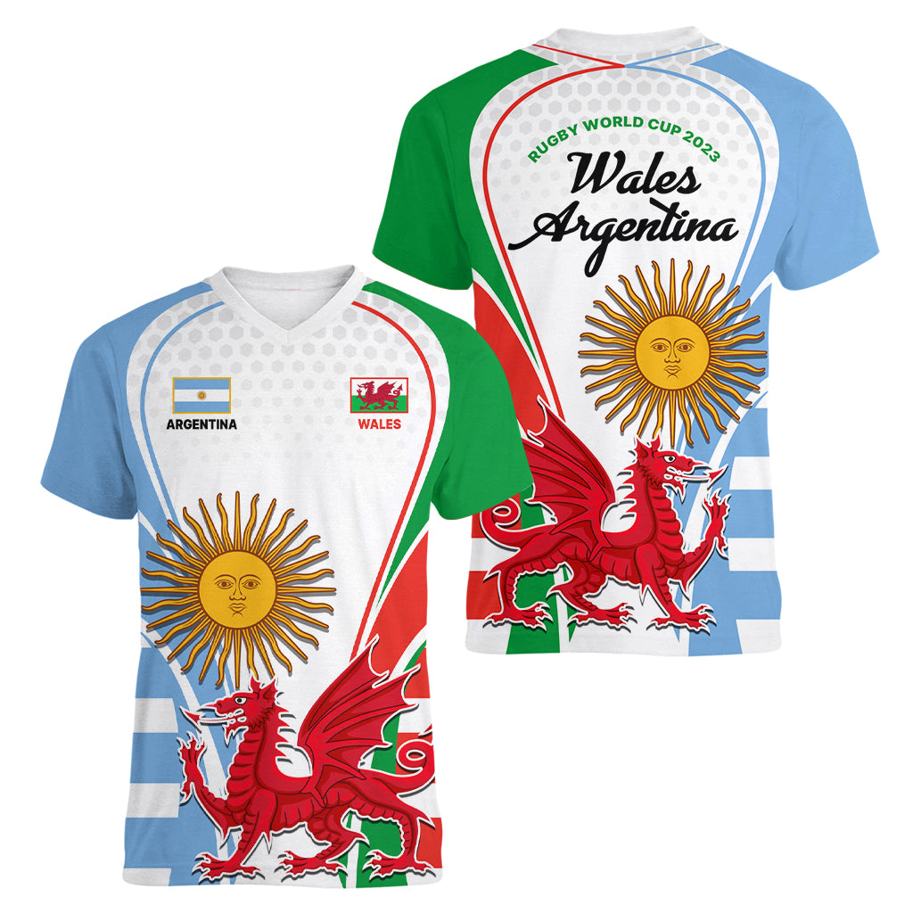 Wales Argentina Rugby Women V Neck T Shirt The Welsh Dragon and Sol De Mayo World Cup 2023 - Wonder Print Shop