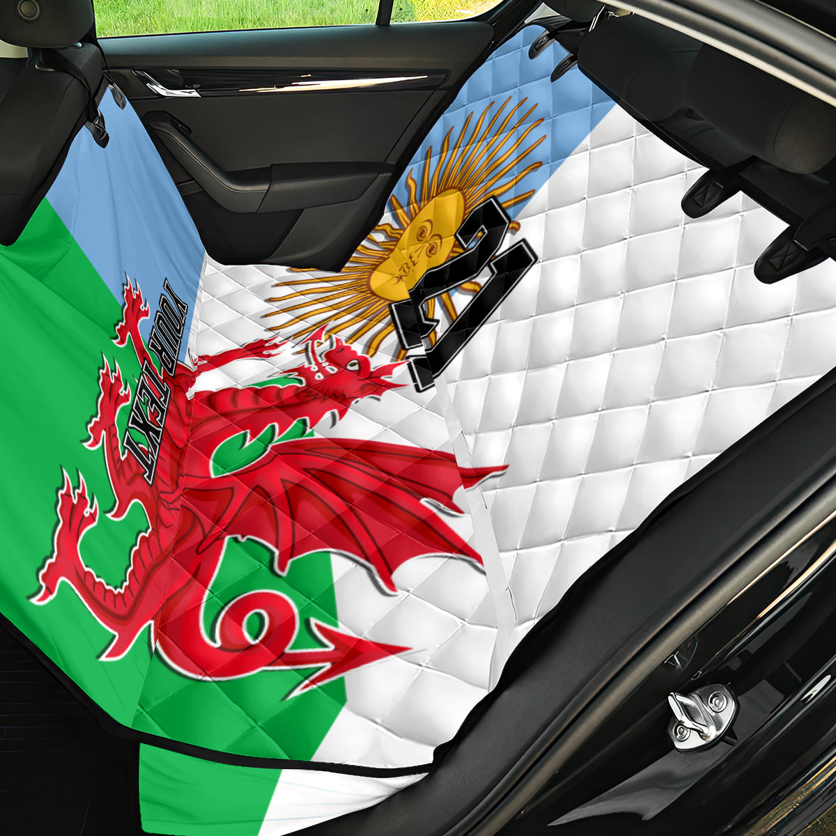 Custom Wales Argentina Rugby Back Car Seat Cover The Welsh Dragon and Sol De Mayo World Cup 2023 LT9 - Wonder Print Shop
