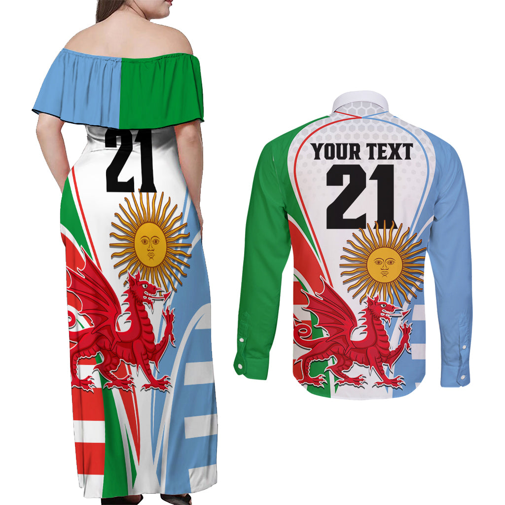 Custom Wales Argentina Rugby Couples Matching Off Shoulder Maxi Dress and Long Sleeve Button Shirts The Welsh Dragon and Sol De Mayo World Cup 2023 LT9 - Wonder Print Shop