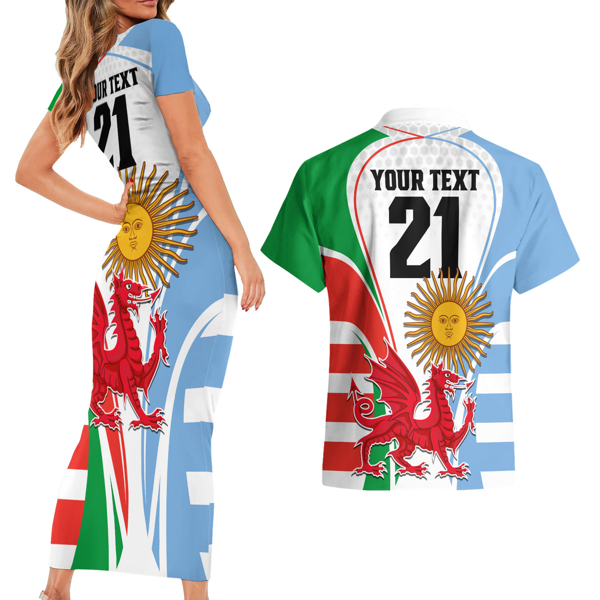 Custom Wales Argentina Rugby Couples Matching Short Sleeve Bodycon Dress and Hawaiian Shirt The Welsh Dragon and Sol De Mayo World Cup 2023 LT9 - Wonder Print Shop