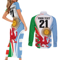 Custom Wales Argentina Rugby Couples Matching Short Sleeve Bodycon Dress and Long Sleeve Button Shirts The Welsh Dragon and Sol De Mayo World Cup 2023 LT9 - Wonder Print Shop