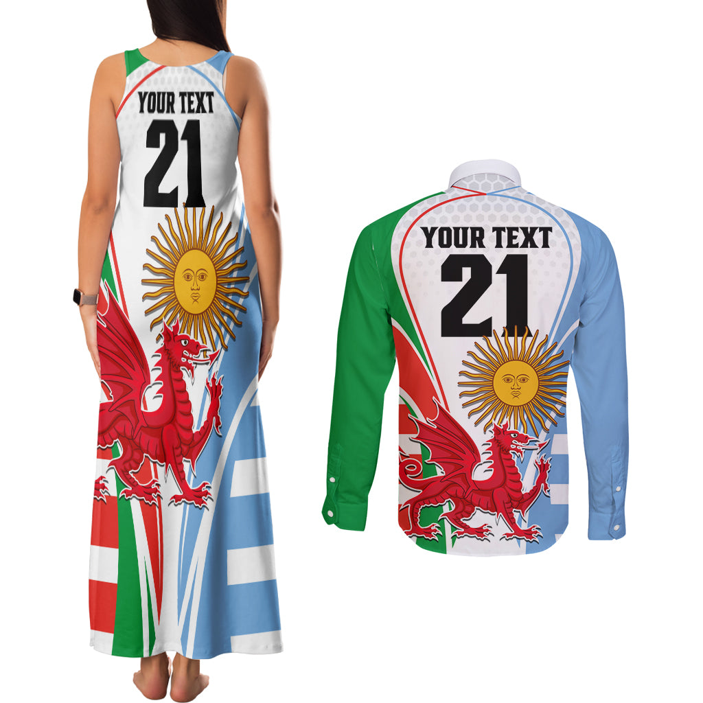 Custom Wales Argentina Rugby Couples Matching Tank Maxi Dress and Long Sleeve Button Shirts The Welsh Dragon and Sol De Mayo World Cup 2023 LT9 - Wonder Print Shop