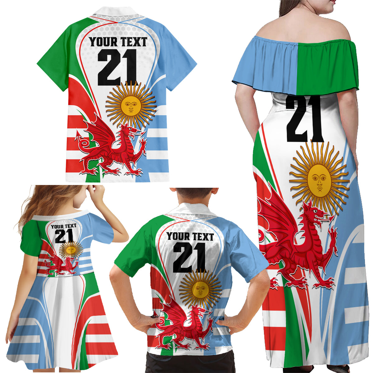 Custom Wales Argentina Rugby Family Matching Off Shoulder Maxi Dress and Hawaiian Shirt The Welsh Dragon and Sol De Mayo World Cup 2023 LT9 - Wonder Print Shop