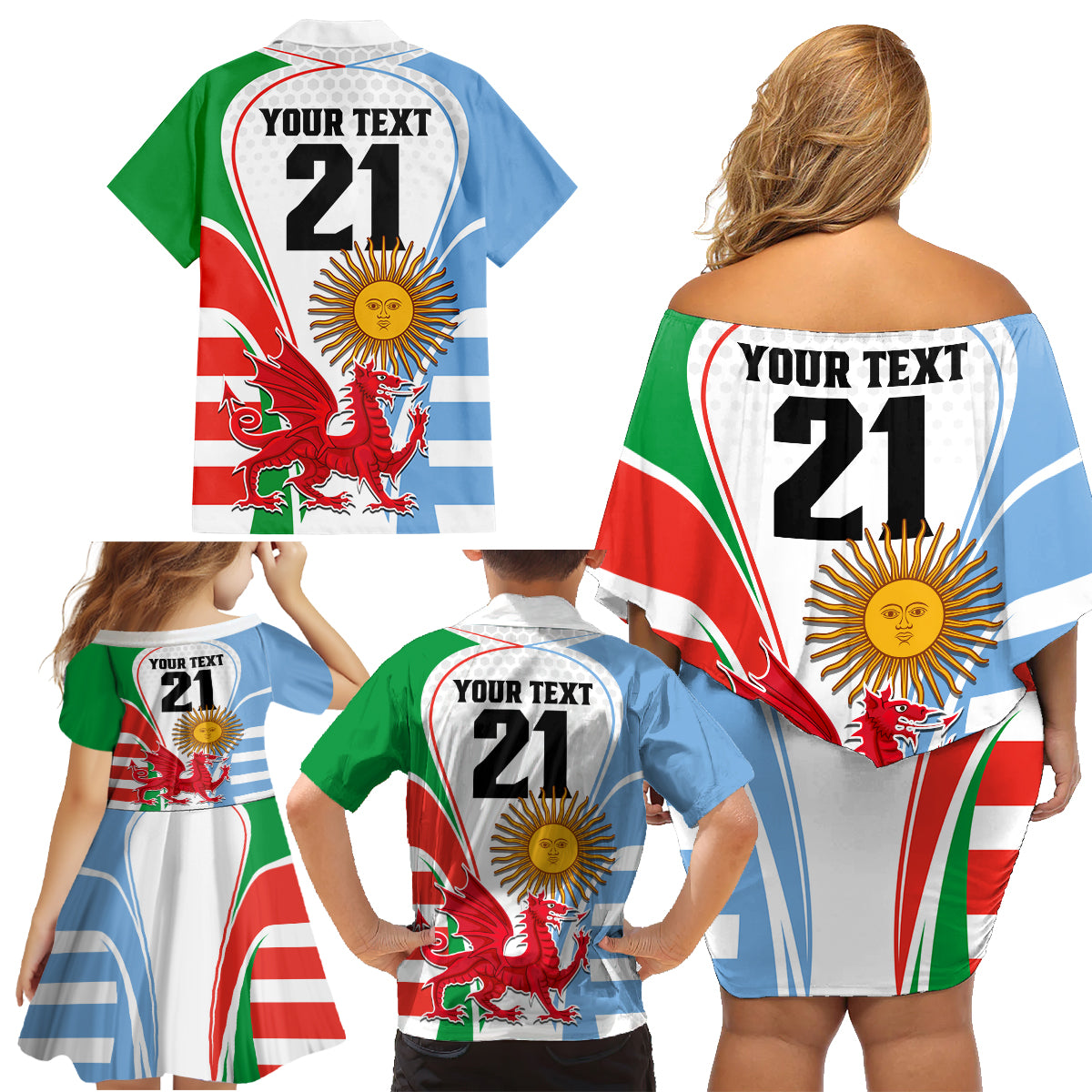 Custom Wales Argentina Rugby Family Matching Off Shoulder Short Dress and Hawaiian Shirt The Welsh Dragon and Sol De Mayo World Cup 2023 LT9 - Wonder Print Shop
