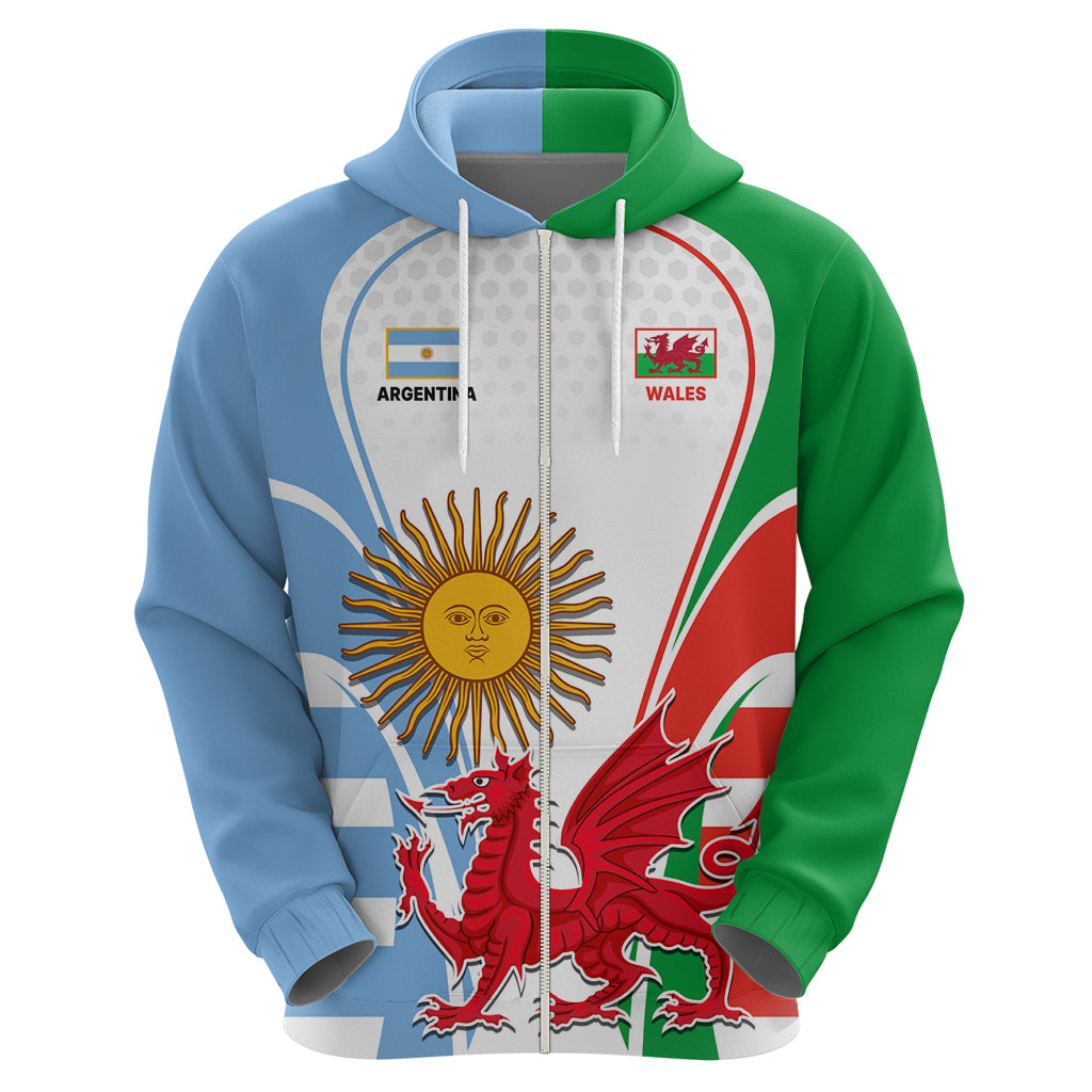 Custom Wales Argentina Rugby Hoodie The Welsh Dragon and Sol De Mayo World Cup 2023 - Wonder Print Shop