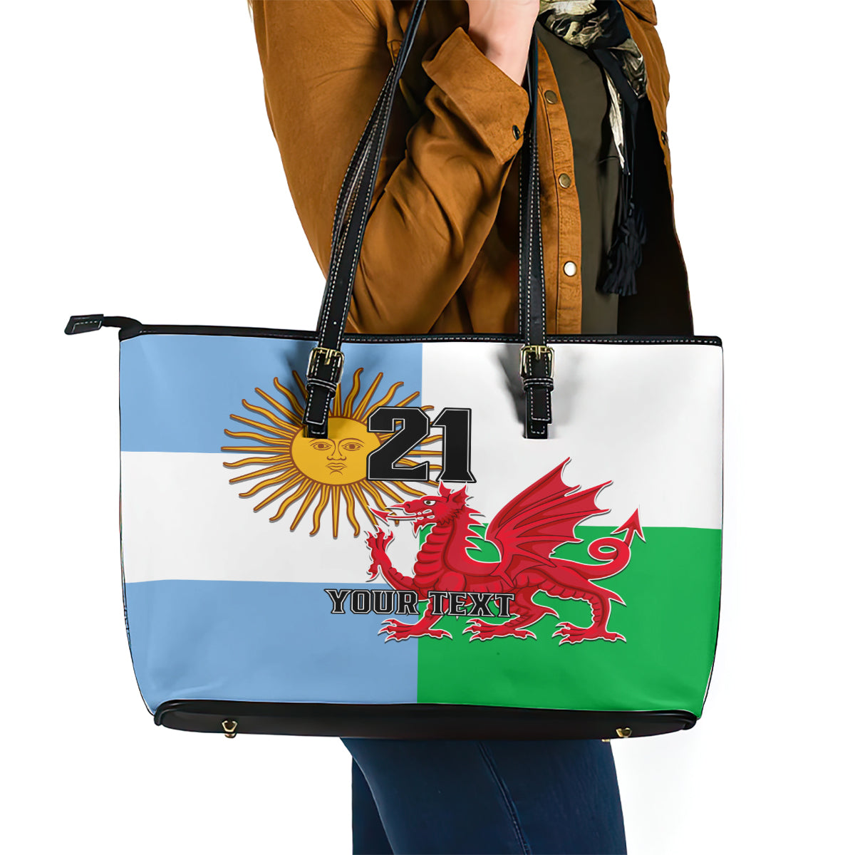 Custom Wales Argentina Rugby Leather Tote Bag The Welsh Dragon and Sol De Mayo World Cup 2023 - Wonder Print Shop