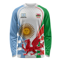 Custom Wales Argentina Rugby Long Sleeve Shirt The Welsh Dragon and Sol De Mayo World Cup 2023 - Wonder Print Shop