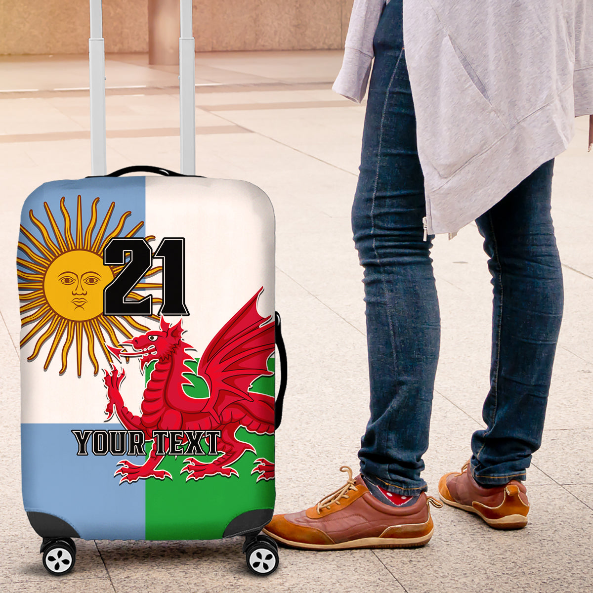 Custom Wales Argentina Rugby Luggage Cover The Welsh Dragon and Sol De Mayo World Cup 2023 - Wonder Print Shop