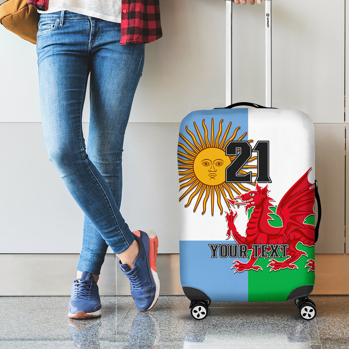 Custom Wales Argentina Rugby Luggage Cover The Welsh Dragon and Sol De Mayo World Cup 2023 - Wonder Print Shop