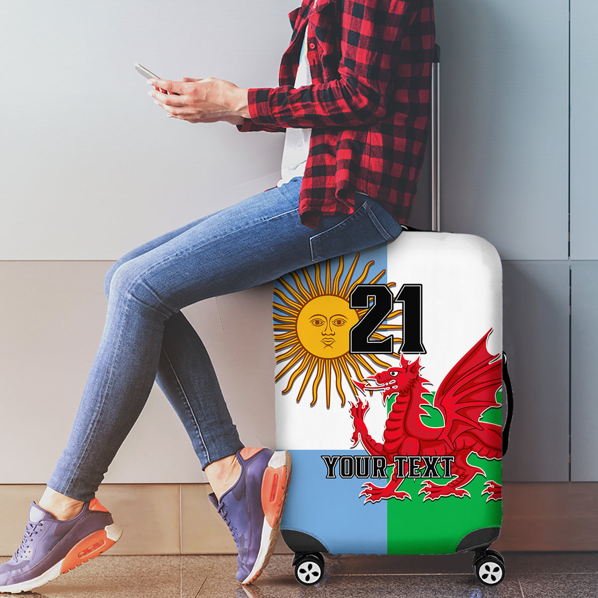 Custom Wales Argentina Rugby Luggage Cover The Welsh Dragon and Sol De Mayo World Cup 2023 - Wonder Print Shop
