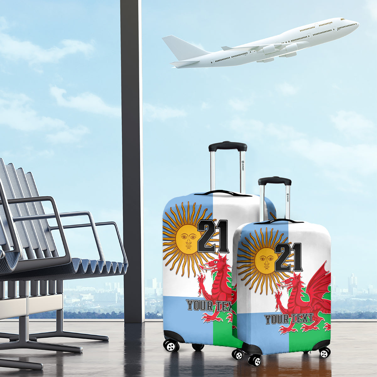 Custom Wales Argentina Rugby Luggage Cover The Welsh Dragon and Sol De Mayo World Cup 2023 - Wonder Print Shop