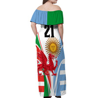 Custom Wales Argentina Rugby Off Shoulder Maxi Dress The Welsh Dragon and Sol De Mayo World Cup 2023 - Wonder Print Shop