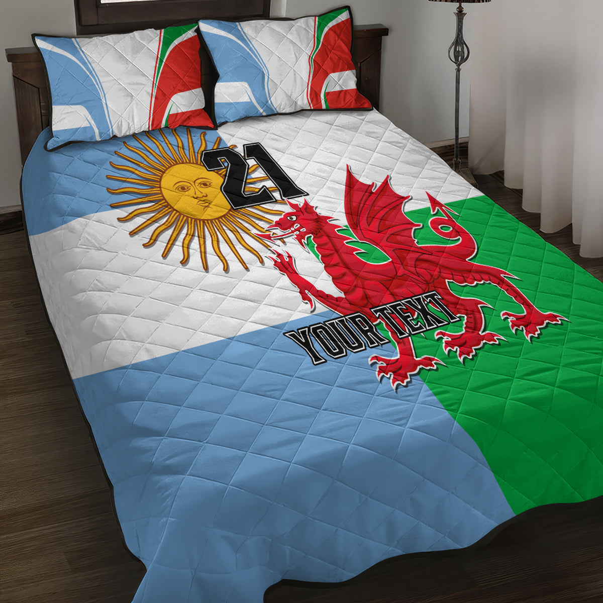 Custom Wales Argentina Rugby Quilt Bed Set The Welsh Dragon and Sol De Mayo World Cup 2023 - Wonder Print Shop