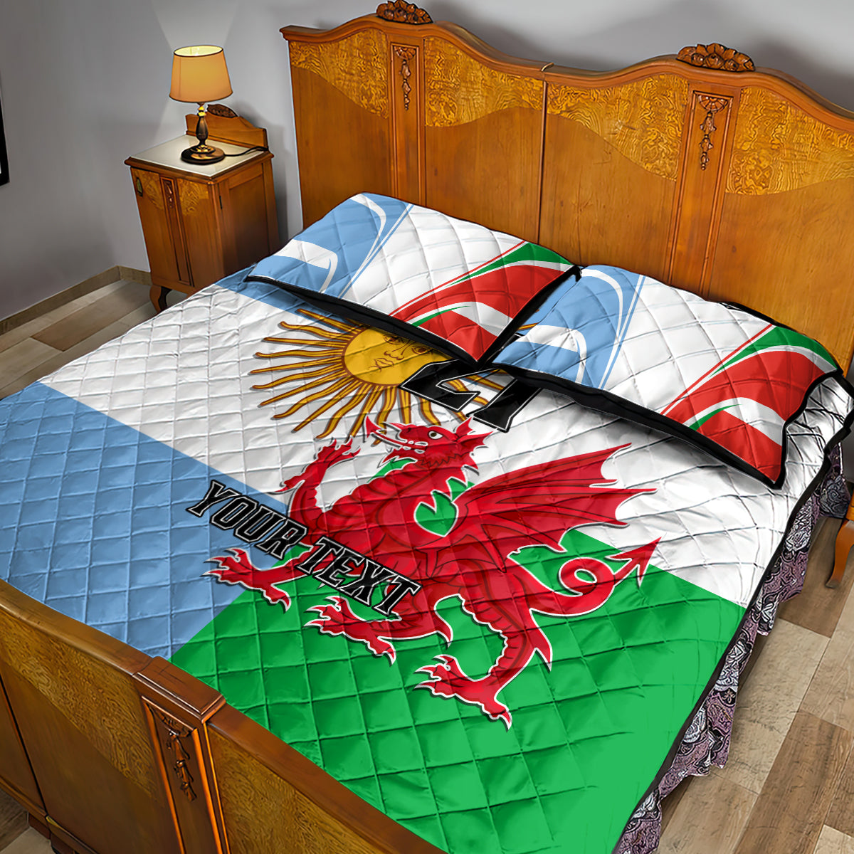 Custom Wales Argentina Rugby Quilt Bed Set The Welsh Dragon and Sol De Mayo World Cup 2023 - Wonder Print Shop