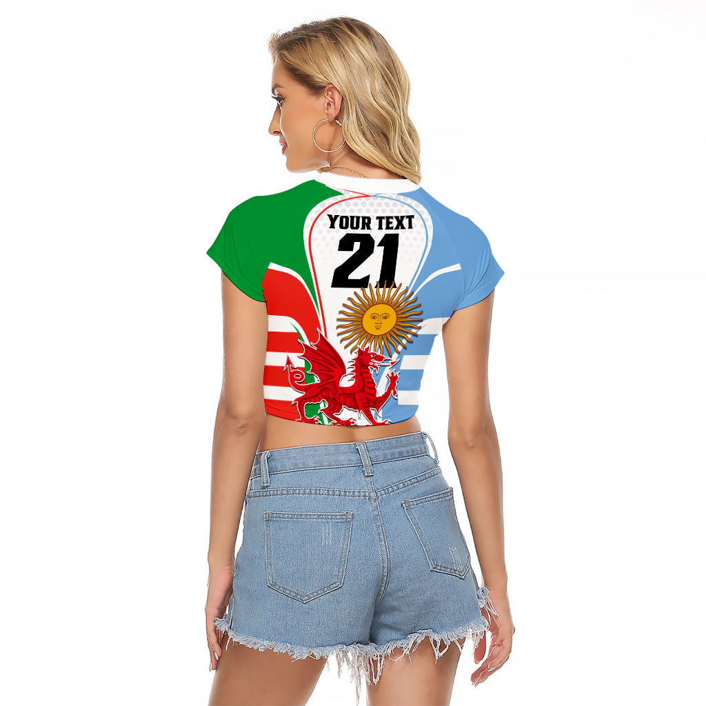 Custom Wales Argentina Rugby Raglan Cropped T Shirt The Welsh Dragon and Sol De Mayo World Cup 2023 - Wonder Print Shop