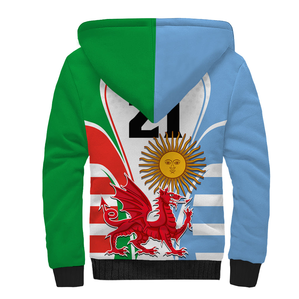 Custom Wales Argentina Rugby Sherpa Hoodie The Welsh Dragon and Sol De Mayo World Cup 2023 - Wonder Print Shop