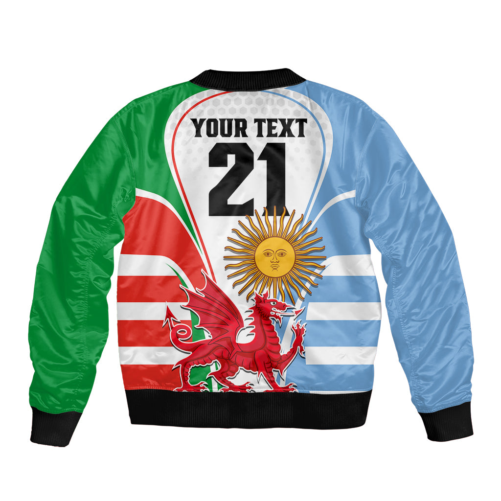 Custom Wales Argentina Rugby Sleeve Zip Bomber Jacket The Welsh Dragon and Sol De Mayo World Cup 2023 - Wonder Print Shop