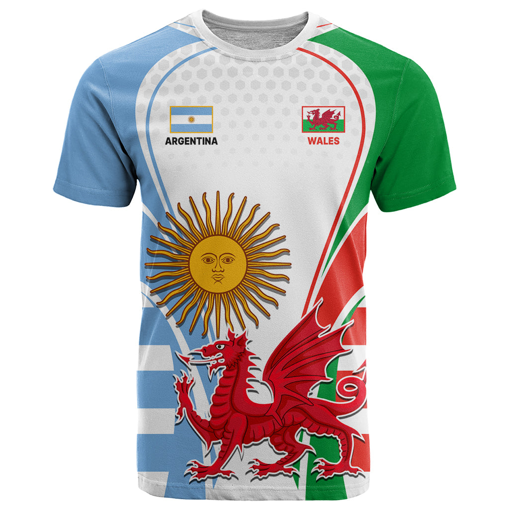 Custom Wales Argentina Rugby T Shirt The Welsh Dragon and Sol De Mayo World Cup 2023 - Wonder Print Shop