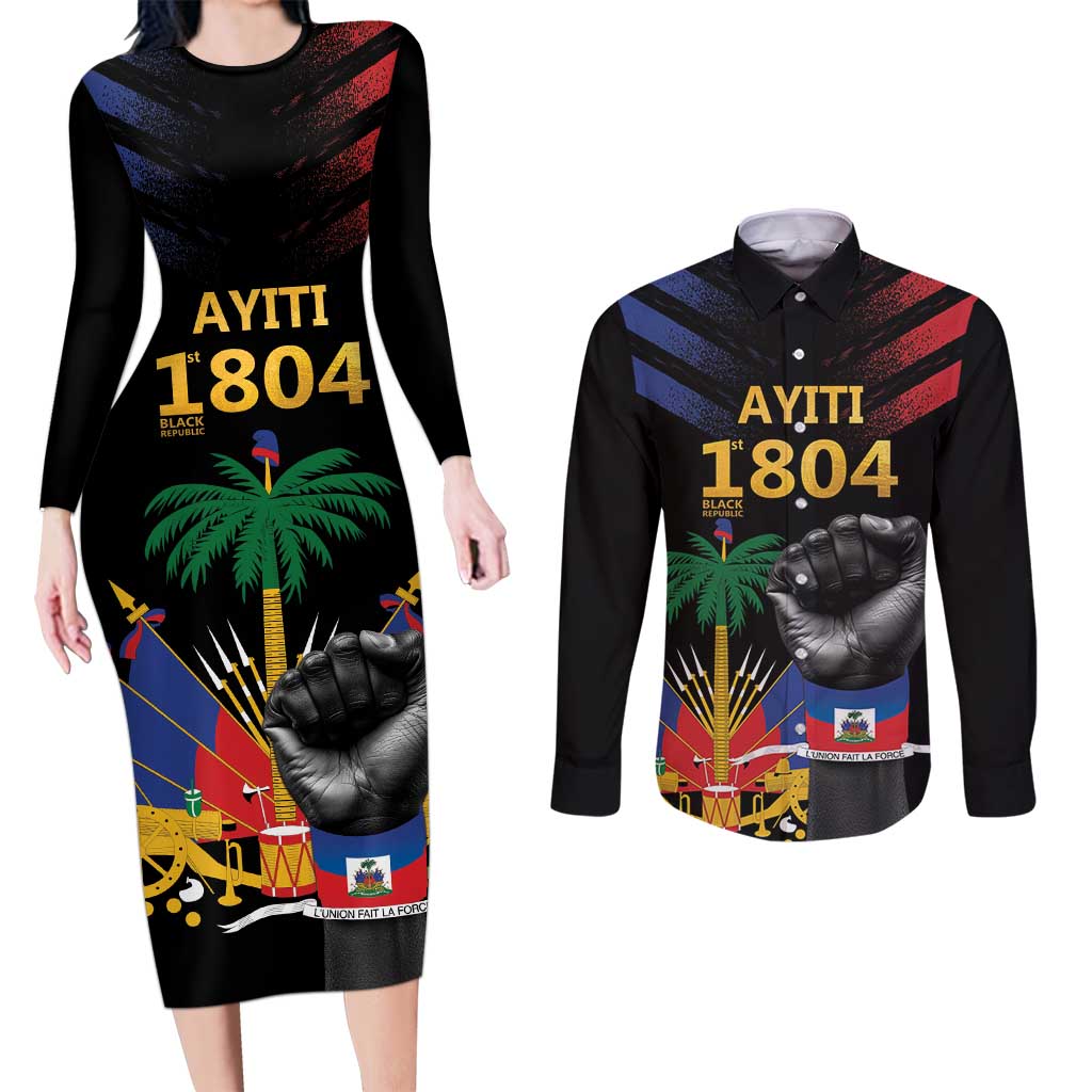 Haiti Independence Day Couples Matching Long Sleeve Bodycon Dress and Long Sleeve Button Shirt The First Black Republic Since 1804 LT9 - Wonder Print Shop