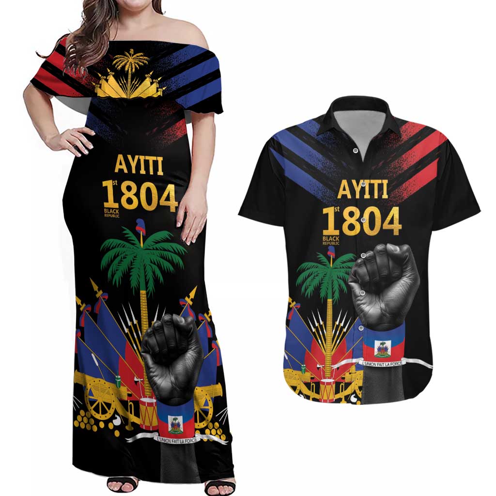 Haiti Independence Day Couples Matching Off Shoulder Maxi Dress and Hawaiian Shirt The First Black Republic Since 1804 LT9 - Wonder Print Shop