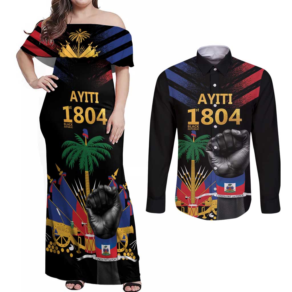 Haiti Independence Day Couples Matching Off Shoulder Maxi Dress and Long Sleeve Button Shirt The First Black Republic Since 1804 LT9 - Wonder Print Shop
