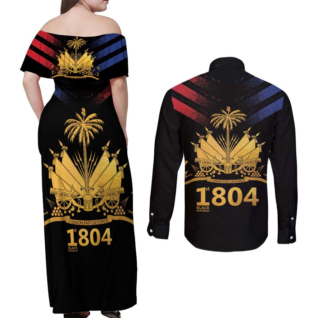 Haiti Independence Day Couples Matching Off Shoulder Maxi Dress and Long Sleeve Button Shirt The First Black Republic Since 1804 LT9 - Wonder Print Shop